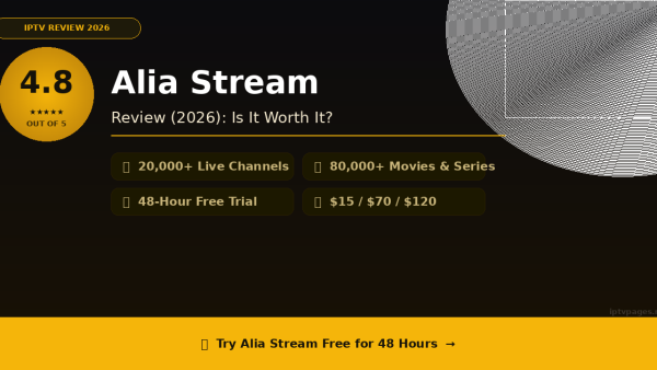 Alia Stream Review IPTV Review 2026 — 20,000+ Channels, 4K & FHD & Free Trial